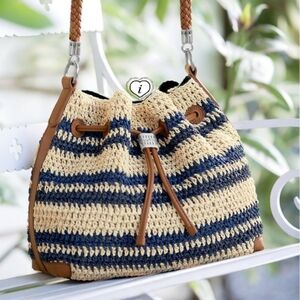 Brighton Sierra Straw Tote Blue Striped Purse Handbag Shoulder Bag
